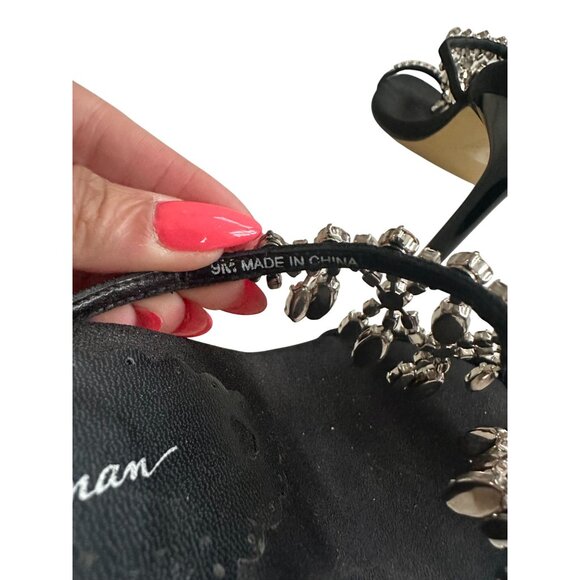 BEVERLY FELDMAN Rhinestone Black Satin Jeweled Sandals Heels Size 9 - Picture 12 of 12